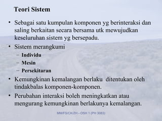 Teori Sistem
• Sebagai satu kumpulan komponen yg berinteraksi dan
  saling berkaitan secara bersama utk mewujudkan
  keseluruhan sistem yg bersepadu.
• Sistem merangkumi
  – Individu
  – Mesin
  – Persekitaran
• Kemungkinan kemalangan berlaku ditentukan oleh
  tindakbalas komponen-komponen.
• Perubahan interaksi boleh meningkatkan atau
  mengurang kemungkinan berlakunya kemalangan.
                   MM/FS/CK/ZH - OSH 1 (PH 3083)
 