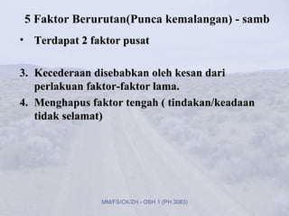 5 Faktor Berurutan(Punca kemalangan) - samb
• Terdapat 2 faktor pusat

3. Kecederaan disebabkan oleh kesan dari
   perlakuan faktor-faktor lama.
4. Menghapus faktor tengah ( tindakan/keadaan
   tidak selamat)




               MM/FS/CK/ZH - OSH 1 (PH 3083)
 