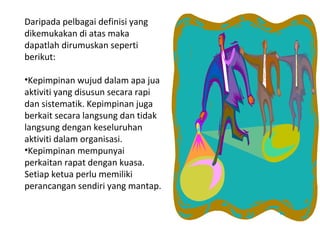 Daripada pelbagai definisi yang
dikemukakan di atas maka
dapatlah dirumuskan seperti
berikut:

•Kepimpinan wujud dalam apa jua
aktiviti yang disusun secara rapi
dan sistematik. Kepimpinan juga
berkait secara langsung dan tidak
langsung dengan keseluruhan
aktiviti dalam organisasi.
•Kepimpinan mempunyai
perkaitan rapat dengan kuasa.
Setiap ketua perlu memiliki
perancangan sendiri yang mantap.
 