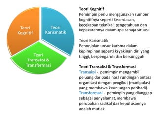 Teori Kognitif
Pemimpin perlu menggunakan sumber
kognitifnya seperti kecerdasan,
kecekapan teknikal, pengetahuan dan
kepakarannya dalam apa sahaja situasi

Teori Karismatik
Penonjolan unsur karisma dalam
kepimpinan seperti keyakinan diri yang
tinggi, berpengaruh dan bersungguh

Teori Transaksi & Transformasi
Transaksi - pemimpin mengambil
peluang daripada hasil rundingan antara
organisasi dengan pengikut (manipulasi
yang membawa keuntungan peribadi).
Transformasi - pemimpin yang dianggap
sebagai penyelamat, membawa
perubahan radikal dan keputusannya
adalah mutlak.
 