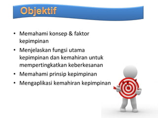 • Memahami konsep & faktor
  kepimpinan
• Menjelaskan fungsi utama
  kepimpinan dan kemahiran untuk
  mempertingkatkan keberkesanan
• Memahami prinsip kepimpinan
• Mengaplikasi kemahiran kepimpinan
 