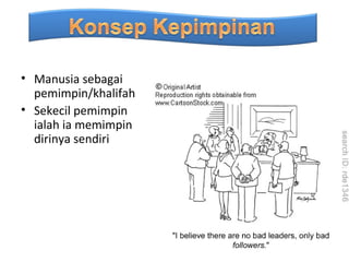 • Manusia sebagai
  pemimpin/khalifah
• Sekecil pemimpin
  ialah ia memimpin
  dirinya sendiri
 