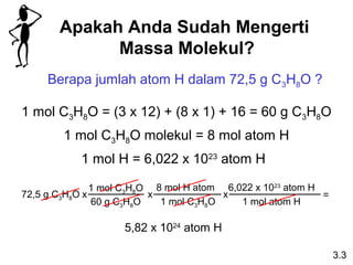 Apakah Anda Sudah Mengerti
             Massa Molekul?
     Berapa jumlah atom H dalam 72,5 g C3H8O ?

1 mol C3H8O = (3 x 12) + (8 x 1) + 16 = 60 g C3H8O
        1 mol C3H8O molekul = 8 mol atom H
           1 mol H = 6,022 x 1023 atom H

               1 mol C3H8O 8 mol H atom 6,022 x 1023 atom H
72,5 g C3H8O x            x             x                   =
               60 g C3H8O   1 mol C3H8O    1 mol atom H

                    5,82 x 1024 atom H

                                                                3.3
 