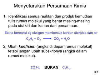 Menyetarakan Persamaan Kimia

1. Identifikasi semua reaktan dan produk kemudian
   tulis rumus molekul yang benar masing-masing
   pada sisi kiri dan kanan dari persamaan.
Etana bereaksi dg oksigen membentuk karbon dioksida dan air
             C2H6 + O2         CO2 + H2O

2. Ubah koefisien (angka di depan rumus molekul)
   tetapi jangan ubah subskripnya (angka dalam
   rumus molekul).

                2C2H6    BUKAN      C4H12
                                                        3.7
 