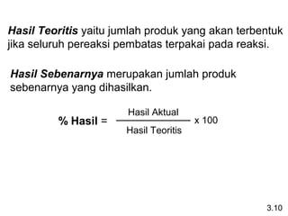 Hasil Teoritis yaitu jumlah produk yang akan terbentuk
jika seluruh pereaksi pembatas terpakai pada reaksi.

Hasil Sebenarnya merupakan jumlah produk
sebenarnya yang dihasilkan.

                       Hasil Aktual
         % Hasil =                      x 100
                       Hasil Teoritis




                                                  3.10
 