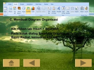     C. Membuat Diagram Organisasi

1.   Kik ribbon tab Insert > SmartArt
2.   Pada kotak dialog SmartArt Graphic, pilih Cycle >
     Basic Radial, kemudian klik OK.
 