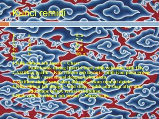 Kunci remidi

1.      a                       6. a
2.      c                       7. c
3.      d                       8. c
4.      d                       9. a
5.      b                       10. a
II
1.Klik ribbon tab Insert > Chart
        Pada kotak dialog Insert Chart, pilih coloumn, klik OK.
2.Aktifkan grafik > Klik ribbon tab layout > pilih icon pada group
        labels / axes sesuai dengan kebutuhan.
3.Aktifkan shape yang akan dihapus, tekan tombol detele.
4.Klik ribbon tab design > add shap > pilih add shap after atau
        add shape before sesuai kebutuhan.
5.Blok cel,klik ribbon tab layout > Marge cells.
 