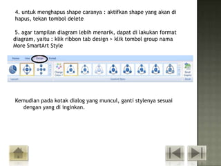 4. untuk menghapus shape caranya : aktifkan shape yang akan di
hapus, tekan tombol delete

 5. agar tampilan diagram lebih menarik, dapat di lakukan format
diagram, yaitu : klik ribbon tab design > klik tombol group nama
More SmartArt Style




Kemudian pada kotak dialog yang muncul, ganti stylenya sesuai
  dengan yang di inginkan.
 