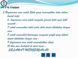 SMP N 18 SEMARANG
  5.Bagaimana cara untuk Slide yang menampilkan data dalam
     bentuk tabel
     6. bagaimana cara untuk mengatur format tabel agar lebih
     menarik :
     7.untuk memasukan tabel pada slide daoat dilakukan dengan
     cara :
     8.untuk menambah keterangan mengenai grafik yang dibuat
     dapat dilakukan dengan cara :
     9.bagaimana cara untuk menambahkan shape
     10.ikon save terdapat di deret menu :
      SELAMAT MENGERJAKAN
 