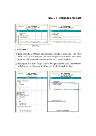 BAB 3 : Pengaturan Aplikasi




                   Isi Nomor Akun
www.xclmedia.com




Keterangan :

1) Baris akun Laba Ditahan hanya memuat satu baris akun saja. Jika baris
   akun Laba Ditahan terhapus dan ingin mengembalikan rumus baris akun
   tersebut, maka dapat di-copy dari rumus baris akun Laba Rugi.

2) Sedangkan nilai Laba (Rugi) Januari 2007 pada lembar kerja Laba Ditahan
   terhubung secara langsung (link) dengan lembar kerja Laba Rugi.




                                        Copy Sel Baris Akun




                                                  Rumus Link C9=LR!D42



                                                                         37
 