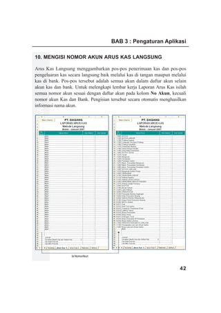 BAB 3 : Pengaturan Aplikasi

10. MENGISI NOMOR AKUN ARUS KAS LANGSUNG

Arus Kas Langsung menggambarkan pos-pos penerimaan kas dan pos-pos
pengeluaran kas secara langsung baik melalui kas di tangan maupun melalui
kas di bank. Pos-pos tersebut adalah semua akun dalam daftar akun selain
akun kas dan bank. Untuk melengkapi lembar kerja Laporan Arus Kas isilah
semua nomor akun sesuai dengan daftar akun pada kolom No Akun, kecuali
nomor akun Kas dan Bank. Pengisian tersebut secara otomatis menghasilkan
informasi nama akun.
www.xclmedia.com




                   Isi NomorAkun


                                                                      42
 