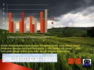 6
 5
 4
 3                                            Series 1
 2                                            Series 2

 1                                            Series 3

 0

     Category Category Category Category
         1        2        3         4

Untuk menambahkan keterangan mengenai grafik yang dibuat dapat
dilakukan dengan cara aktifkan grafik > klik ribbon tab layout > pilih
icon pada group tables atau axes sesuai dengan kebutuhan




                                                                         Home
 