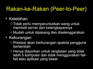 Rakan-ke-Rakan (Peer-to-Peer)
• Kelebihan
o Tidak perlu memperuntukkan wang untuk
membeli server dan kelengkapannya
o Mudah untuk dipasang dan diselenggarakan
• Kekurangan
o Prestasi akan berkurangan apabila pengguna
bertambah
o Hanya disyorkan untuk rangkaian yang tidak
lebih 5 komputer dan tidak menggunakan fail-
fail atau aplikasi yang besar
 