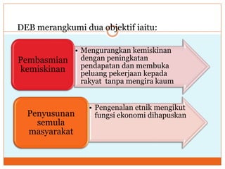 DEB merangkumi dua objektif iaitu:
• Mengurangkan kemiskinan
dengan peningkatan
pendapatan dan membuka
peluang pekerjaan kepada
rakyat tanpa mengira kaum
Pembasmian
kemiskinan
• Pengenalan etnik mengikut
fungsi ekonomi dihapuskanPenyusunan
semula
masyarakat
 