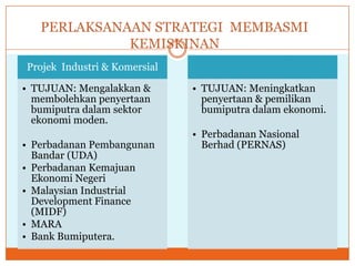 PERLAKSANAAN STRATEGI MEMBASMI
KEMISKINAN
Projek Industri & Komersial
• TUJUAN: Mengalakkan &
membolehkan penyertaan
bumiputra dalam sektor
ekonomi moden.
• Perbadanan Pembangunan
Bandar (UDA)
• Perbadanan Kemajuan
Ekonomi Negeri
• Malaysian Industrial
Development Finance
(MIDF)
• MARA
• Bank Bumiputera.
• TUJUAN: Meningkatkan
penyertaan & pemilikan
bumiputra dalam ekonomi.
• Perbadanan Nasional
Berhad (PERNAS)
 