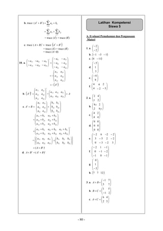 - 80 -
b. trace 


n
i
iiii
tt
baBA
1
)(



n
j
jj
n
i
ii ba
11
= trace (A
t
) + trace (B
t
)
c. trace  t
BA )( trace  tt
BA 
= trace (A
t
) + trace (B
t
)
= trace (A+B)
10. a. 




21
11
a
a
22
12
a
a
















13
12
11
23
13
a
a
a
a
a
t








23
22
21
a
a
a






13
12
11
a
a
a





23
22
21
a
a
a
 t
A
b.  tt
A






13
12
11
a
a
a
t
a
a
a





23
22
21
=


21
11
a
a
22
12
a
a
A
a
a



23
13
c. BAt





13
12
11
a
a
a






23
22
21
a
a
a





13
12
11
b
b
b





23
22
12
b
b
b









3113
2112
1111
ba
ba
ba








3223
2222
1221
ba
ba
ba






1221
1111
ba
ba
2222
2112
ba
ba


t
ba
ba





3223
3113
=







21
11
a
a
22
12
a
a



23
13
a
a




12
11
b
b
22
21
b
b







32
31
b
b
tt
BA )( 
d. ttt
BABA )( 
A. Evaluasi Pemahaman dan Penguasaan
Materi
1. a. 









2
2
b. 1 3 1
c. 4 11
d.










3
1
5
e. 







8
6
f. 


4
4
2
4




3
2
2. a. 


1
2



2
4
b. 


2
4x



y6
2
c. 


4
4



4
2
d.





0
0
0





0
0
0
e.





0
3
2
3
5
6


2
2
2









3
2
2
f.







1
0
2
0
1
1









1
2
1
g.










3
1
0
h. 7 7 12
3. a. 




5
1
BA 



7
7
b. 




1
1
CB 


2
5
c. 




2
6
CA 



5
4
Latihan Kompetensi
Siswa 5
 