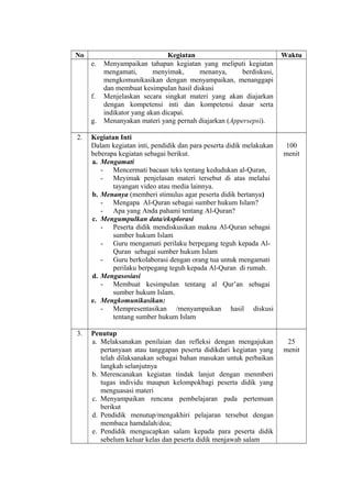 No Kegiatan Waktu
e. Menyampaikan tahapan kegiatan yang meliputi kegiatan
mengamati, menyimak, menanya, berdiskusi,
mengkomunikasikan dengan menyampaikan, menanggapi
dan membuat kesimpulan hasil diskusi
f. Menjelaskan secara singkat materi yang akan diajarkan
dengan kompetensi inti dan kompetensi dasar serta
indikator yang akan dicapai.
g. Menanyakan materi yang pernah diajarkan (Appersepsi).
2. Kegiatan Inti
Dalam kegiatan inti, pendidik dan para peserta didik melakukan
beberapa kegiatan sebagai berikut.
a. Mengamati
- Mencermati bacaan teks tentang kedudukan al-Quran,
- Meyimak penjelasan materi tersebut di atas melalui
tayangan video atau media lainnya.
b. Menanya (memberi stimulus agar peserta didik bertanya)
- Mengapa Al-Quran sebagai sumber hukum Islam?
- Apa yang Anda pahami tentang Al-Quran?
c. Mengumpulkan data/eksplorasi
- Peserta didik mendiskusikan makna Al-Quran sebagai
sumber hukum Islam
- Guru mengamati perilaku berpegang teguh kepada Al-
Quran sebagai sumber hukum Islam
- Guru berkolaborasi dengan orang tua untuk mengamati
perilaku berpegang teguh kepada Al-Quran di rumah.
d. Mengasosiasi
- Membuat kesimpulan tentang al Qur’an sebagai
sumber hukum Islam.
e. Mengkomunikasikan:
- Mempresentasikan /menyampaikan hasil diskusi
tentang sumber hukum Islam
100
menit
3. Penutup
a. Melaksanakan penilaian dan refleksi dengan mengajukan
pertanyaan atau tanggapan peserta didikdari kegiatan yang
telah dilaksanakan sebagai bahan masukan untuk perbaikan
langkah selanjutnya
b. Merencanakan kegiatan tindak lanjut dengan menmberi
tugas individu maupun kelompokbagi peserta didik yang
menguasasi materi
c. Menyampaikan rencana pembelajaran pada pertemuan
berikut
d. Pendidik menutup/mengakhiri pelajaran tersebut dengan
membaca hamdalah/doa;
e. Pendidik mengucapkan salam kepada para peserta didik
sebelum keluar kelas dan peserta didik menjawab salam
25
menit
 