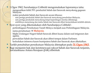  1 Ogos 1962, Suruhanjaya Cobbold mengemukakan laporannya iaitu: 
◦ mengesahkan lebih 70% penduduk Sabah dan Sarawak menyokong gagasan 
Malaysia. 
◦ reaksi penduduk Sabah dan Sarawak secara khusus: 
 satu pertiga penduduk Sabah dan Sarawak menyokong penubuhan Malaysia. 
 satu pertiga penduduk menyokong tetapi kepentingan mereka dilindungi. 
 selebihnya menentang dan mahu Sabah dan Sarawak diberi kemerdekaan terlebih dahulu. 
 Syor-syor yang dikemukakan oleh Suruhanjaya Cobbold : 
◦ perlembagaan Persekutuan Tanah Melayu menjadi asas Perlembagaan Malaysia. 
◦ nama persekutuan  Malaysia. 
◦ Majlis Undangan Negeri Sabah Sarawak diberi kuasa dalam soal imigresen dan 
agama. 
◦ perwakilan Sabah dan Sarawak akan diberi tempat dalam Parlimen. 
◦ kedudukan istimewa kaum bumiputera Sabah dan Sarawak akan dikekalkan. 
 Tarikh penubuhan persekutuan Malaysia ditetapkan pada 31 Ogos 1963. 
 Bagi menjamin hak dan keistimewaan rakyat Sabah dan Sarawak terjamin, 
Jawatankuasa Antara Kerajaan (JAK) dibentuk 
 