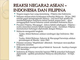 RREEAAKKSSII NNEEGGAARRAA2 AASSEEAANN –– 
IINNDDOONNEESSIIAA DDAANN FFIILLIIPPIINNAA 
 Negara-negara luar yang menentang - Filipina dan Indonesia. 
 Sukarno melancarkan konfrantasi terhadap Malaysia - 20 Jan. 1963 
setelah gagal mempengaruhi Malaya - rasa kecil hati apabila KL 
membelakangkan Indonesia dalam bentuk negara baru. - akan 
menggagalkan hasrat Sukarno untuk tubuhkan Indonesia Raya. 
 Presiden Filipina, Macapagal - dakwa Sabah sebahagian - Filipina - 
usaha menuntut semula Sabah menjadi rumit – bantahan: Filipina 
memutuskan hubungan diplomatik dengan Malaya. 
 Malaysia mengambil langkah: 
◦ Tunku Abdul Rahman adakan rundingan dgn Indonesia -Mei 
1963. 
◦ Tunku Abdul Rahman, Sukarno & Macapagal bersetuju adakan 
persidangan di Manila - Julai 1963 
 Pakatan serantau ‘Maphilindo’ dibentuk - bertujuan mewujudkan 
kerjasama serantau 
 PBB meninjau pendapat rakyat Sabah & Sarawak - hasilnya hampir 
70% bersetuju. 
 Indonesia & Filipina menolak laporan PBB & putuskan hubungan 
diplomatik - apabila penubuhan Malaysia diisytiharkan - 16 Sept. 
1963 
