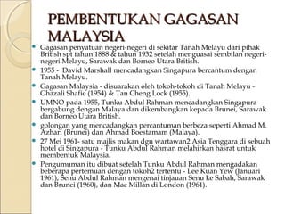 PPEEMMBBEENNTTUUKKAANN GGAAGGAASSAANN 
MMAALLAAYYSSIIAA 
 Gagasan penyatuan negeri-negeri di sekitar Tanah Melayu dari pihak 
British spt tahun 1888 & tahun 1932 setelah menguasai sembilan negeri-negeri 
Melayu, Sarawak dan Borneo Utara British. 
 1955 - David Marshall mencadangkan Singapura bercantum dengan 
Tanah Melayu. 
 Gagasan Malaysia - disuarakan oleh tokoh-tokoh di Tanah Melayu - 
Ghazali Shafie (1954) & Tan Cheng Lock (1955). 
 UMNO pada 1955, Tunku Abdul Rahman mencadangkan Singapura 
bergabung dengan Malaya dan dikembangkan kepada Brunei, Sarawak 
dan Borneo Utara British. 
 golongan yang mencadangkan percantuman berbeza seperti Ahmad M. 
Azhari (Brunei) dan Ahmad Boestamam (Malaya). 
 27 Mei 1961- satu majlis makan dgn wartawan2 Asia Tenggara di sebuah 
hotel di Singapura - Tunku Abdul Rahman melahirkan hasrat untuk 
membentuk Malaysia. 
 Pengumuman itu dibuat setelah Tunku Abdul Rahman mengadakan 
beberapa pertemuan dengan tokoh2 tertentu - Lee Kuan Yew (Januari 
1961), Senu Abdul Rahman mengenai tinjauan Senu ke Sabah, Sarawak 
dan Brunei (1960), dan Mac Millan di London (1961). 
 