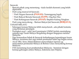◦ Sarawak 
 Banyak pihak yang menentang - tiada faedah ekonomi yang boleh 
diperolehi. 
 Parti yang muncul di Sarawak : 
 Parti Negara Sarawak (PANAS)- Temenggung Jugah. 
 Parti Rakyat Bersatu Sarawak (SUPP)- Ong Kee Hui. 
 Parti Kebangsaan Sarawak (SNAP)- Stephen Kalong Ningkan. 
 Parti yang menyokong - Barisan Rakyat Jati Sarawak (BERJAYA) 
◦ TANAH MELAYU 
 Sokongan konsep Malaysia lebih menyeluruh , ada pihak2 tertentu 
yang berlainan pendapat. 
 Peringkat awal – sebil. kecil pemimpin UMNO terlalu menimbang 
untung rugi Tanah Melayu bergabung dengan Singapura melalui 
Malaysia. 
 Dgn kemasukan Sabah & Sarawak kebimbangan kepentingan kaum 
Melayu, terutama dari segi nisbah penduduk tidak lagi begitu serius. 
 Awal 1961, Senu Abdul Rahman menyediakan laporan yg 
menyatakan penduduk Melayu di Borneo Utara menyokong konsep 
Malaysia. 
 PAS menentang kuat pembentukan Malaysia - berminat dengan 
konsep gabungan antara Malaya, Indonesia dan Filipina. 
 