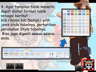 4. Agar tampilan table menarik, 
dapat diatur format table 
sebagai berikut : 
klik ribbon tab Design > pilih 
jenis style tabelnya, perhatikan 
perubahan Style tabelnya. 
Bisa juga diganti sesuai selera 
anda. 
 