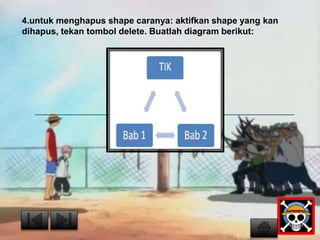 4.untuk menghapus shape caranya: aktifkan shape yang kan 
dihapus, tekan tombol delete. Buatlah diagram berikut: 
 