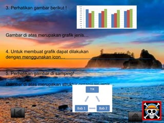 3. Perhatikan gambar berikut ! 
Gambar di atas merupakan grafik jenis… 
4. Untuk membuat grafik dapat dilakukan 
dengan menggunakan icon… 
5. Perhatikan gambar di samping! 
Gambar di atas merupakan struktur organisasi jenis… 
 