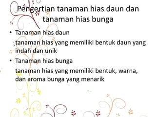 Pengertian tanaman hias daun dan
tanaman hias bunga
• Tanaman hias daun
tanaman hias yang memiliki bentuk daun yang
indah dan unik
• Tanaman hias bunga
tanaman hias yang memiliki bentuk, warna,
dan aroma bunga yang menarik
 