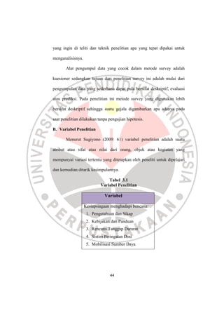 44
yang ingin di teliti dan teknik penelitian apa yang tepat dipakai untuk
menganalisisnya.
Alat pengumpul data yang cocok...
