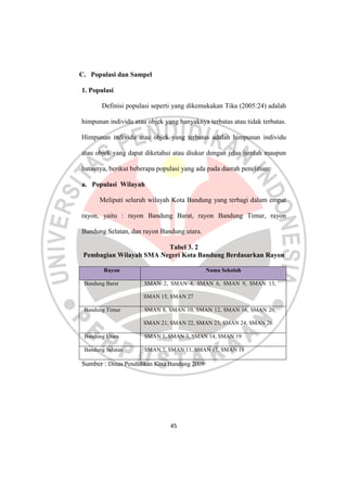 45
C. Populasi dan Sampel
1. Populasi
Definisi populasi seperti yang dikemukakan Tika (2005:24) adalah
himpunan individu a...