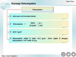 ITeach – Sains Tingkatan 1
Konsep Ketumpatan
Topik 3 Jirim
KetumpatanKetumpatan
Jisim per unit isi padu bahan
Unit = gcm-3
Ketumpatan objek X ialah 14.2 gcm-3
. Jisim objek X dengan
ketumpatan 1 cm³ ialah 14.2 g.
)(Isi padu
)(Jisim
Ketumpatan
3cm
g
=
 