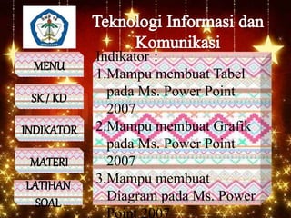 MENU
SK / KD
INDIKATOR
MATERI
LATIHAN
SOAL
Indikator :
1.Mampu membuat Tabel
pada Ms. Power Point
2007
2.Mampu membuat Grafik
pada Ms. Power Point
2007
3.Mampu membuat
Diagram pada Ms. Power
Point 2007
 