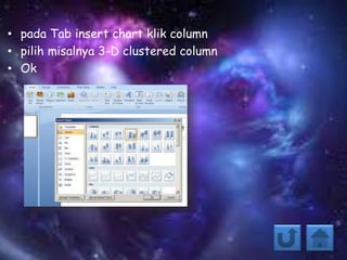 • pada Tab insert chart klik column
• pilih misalnya 3-D clustered column
• Ok
 