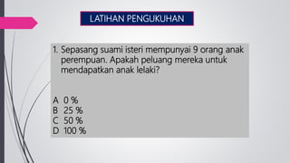 LATIHAN PENGUKUHAN
1. Sepasang suami isteri mempunyai 9 orang anak
perempuan. Apakah peluang mereka untuk
mendapatkan anak lelaki?
A 0 %
B 25 %
C 50 %
D 100 %
 