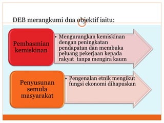 DEB merangkumi dua objektif iaitu:
• Mengurangkan kemiskinan
dengan peningkatan
pendapatan dan membuka
peluang pekerjaan kepada
rakyat tanpa mengira kaum
Pembasmian
kemiskinan
• Pengenalan etnik mengikut
fungsi ekonomi dihapuskan
Penyusunan
semula
masyarakat
 