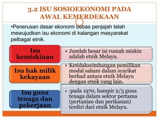 3.2 ISU SOSIOEKONOMI PADA
AWAL KEMERDEKAAN
• Jumlah besar isi rumah miskin
adalah etnik Melayu.
Isu
kemiskinan
• Ketidakseimbangan pemilikan
modal saham dalam syarikat
berhad antara etnik Melayu
dengan etnik yang lain.
Isu hak milik
kekayaan
• :pada 1970, hampir 2/3 guna
tenaga dalam sektor pertama
(pertanian dan perikanan)
terdiri dari etnik Melayu.
Isu guna
tenaga dan
pekerjaan
•Penerusan dasar ekonomi bebas penjajah telah
mewujudkan isu ekonomi di kalangan masyarakat
pelbagai etnik.
.
 