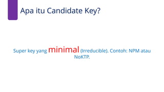 Apa itu Candidate Key?
Super key yang minimal(Irreducible). Contoh: NPM atau
NoKTP.
 