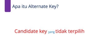 Apa itu Alternate Key?
Candidate key yang tidak terpilih
 