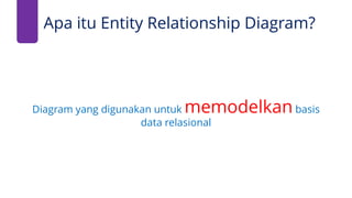 Apa itu Entity Relationship Diagram?
Diagram yang digunakan untuk memodelkan basis
data relasional
 