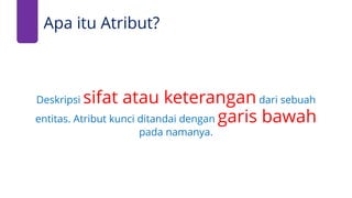 Apa itu Atribut?
Deskripsi sifat atau keterangan dari sebuah
entitas. Atribut kunci ditandai dengan garis bawah
pada namanya.
 