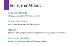 Jenis-jenis Atribut
• Required Attribute
Atribut yang wajib bernilai/mempunyai isi
• Optional Attribute
Atribut yang valuenya boleh dikosongkan
• Identifier
Satu atau lebih yang secara unik mengidentifikasi setiap instance dari entitas
• Composite identifier
Primary key yang terbentuk lebih dari satu atribut
 