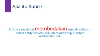 Apa itu Kunci?
Atribut yang dapat membedakan sebuah entitas di
dalam entity set atau sebuah relationship di dalam
relationship set.
 