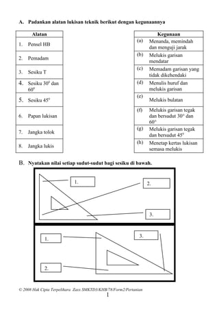 A. Padankan alatan lukisan teknik berikut dengan kegunaannya

      Alatan                                                           Kegunaan
                                                            (a)    Menanda, memindah
1.   Pensel HB
                                                                   dan menguji jarak
                                                            (b)    Melukis garisan
2.   Pemadam
                                                                   mendatar
                                                            (c)    Memadam garisan yang
3.   Sesiku T
                                                                   tidak dikehendaki
4. Sesiku 300 dan                                           (d)    Menulis huruf dan
     600                                                           melukis garisan
                                                            (e)
5. Sesiku 450                                                      Melukis bulatan
                                                            (f)    Melukis garisan tegak
6.   Papan lukisan                                                 dan bersudut 30° dan
                                                                   60°
                                                            (g)    Melukis garisan tegak
7.   Jangka tolok
                                                                   dan bersudut 450
                                                            (h)    Menetap kertas lukisan
8.   Jangka lukis
                                                                   semasa melukis

B. Nyatakan nilai setiap sudut-sudut bagi sesiku di bawah.


                            1.                                    2.




                                                                   3.



                                                             3.
             1.




             2.



© 2008 Hak Cipta Terpelihara Zaxx SMKTD3/KHB/78/Form2/Pertanian
                                            1
 