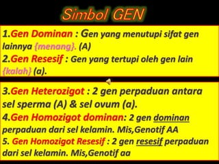 1.Gen Dominan : Gen yang menutupi sifat gen
lainnya {menang}. (A)
2.Gen Resesif : Gen yang tertupi oleh gen lain
{kalah} (a).
3.Gen Heterozigot : 2 gen perpaduan antara
sel sperma (A) & sel ovum (a).
4.Gen Homozigot dominan: 2 gen dominan
perpaduan dari sel kelamin. Mis,Genotif AA
5. Gen Homozigot Resesif : 2 gen resesif perpaduan
dari sel kelamin. Mis,Genotif aa
 