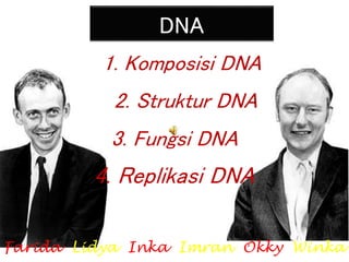 DNA
1. Komposisi DNA
2. Struktur DNA
3. Fungsi DNA
4. Replikasi DNA
Farida Lidya Inka Imran Okky Winka
 