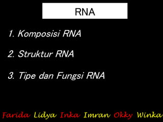 RNA
1. Komposisi RNA
2. Struktur RNA
3. Tipe dan Fungsi RNA
Farida Lidya Inka Imran Okky Winka
 