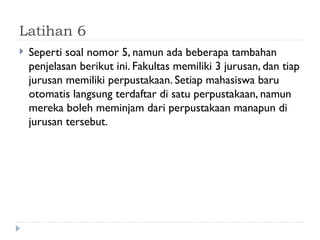 Latihan 6
 Seperti soal nomor 5, namun ada beberapa tambahan
penjelasan berikut ini. Fakultas memiliki 3 jurusan, dan tiap
jurusan memiliki perpustakaan. Setiap mahasiswa baru
otomatis langsung terdaftar di satu perpustakaan, namun
mereka boleh meminjam dari perpustakaan manapun di
jurusan tersebut.
 