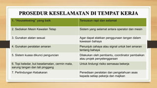 1. “Housekeeing” yang baik Tersusun rapi dan selamat
2. Sediakan Mesin Kawalan Tetap Sistem yang selamat antara operator dan mesin
3. Gunakan alatan sesuai Agar dapat elakkan penggunaan tangan dalam
kawasan bahaya
4. Gunakan peralatan amaran Penunjuk cahaya atau signal untuk beri amaran
tentang bahaya
5. Sistem kuasa dikunci penguncian Dilakukan oleh pembantu, coordinator pembaikan
atau projek penyelenggaraan
6. Topi keledar, but keselamatan, cermin mata,
sarung tangan dan tali pinggang
Untuk lindungi risiko semasaa bekerja
7. Perlindungan Kebakaran Penediaan peralatan dan pengetahuan asas
kepada setiap pekerja dan majikan
PROSEDUR KESELAMATAN DI TEMPAT KERJA
 