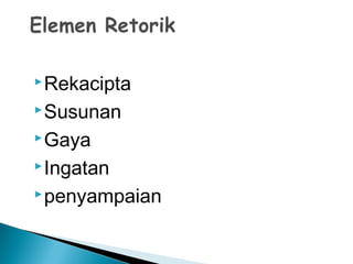 Rekacipta
Susunan
Gaya
Ingatan
penyampaian
 